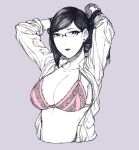  1girl arms_up bangs bra breasts cleavage closed_mouth collarbone commentary english_commentary glasses grey_background greyscale large_breasts lips long_sleeves looking_at_viewer mature_female medium_hair mole mole_under_mouth monochrome nattapuumuu open_clothes open_shirt original partially_colored pink_bra scrunchie simple_background solo underwear 