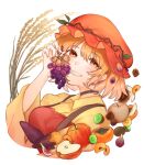  1girl aki_minoriko apple apron commentary food fruit grapes hair_ornament hat highres kiwi_(fruit) leaf_hair_ornament mob_cap orange_apron orange_eyes orange_headwear shidaccc shirt simple_background suspenders sweet_potato touhou upper_body white_background yellow_shirt 