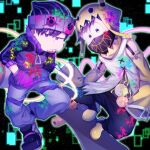  2boys black_mask brothers half-closed_eyes hand_in_pocket knit_hat matsuno_ichimatsu matsuno_jyushimatsu multiple_boys osomatsu-san sharp_teeth siblings skateboarding sound_bell teeth 