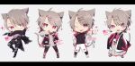  +_+ 1boy :o absurdres animal_ear_fluff animal_ears apex_legends black_bodysuit black_jacket black_pants bodysuit brown_hair cat_boy cat_ears character_name chibi cosplay eyebrows_behind_hair grey_background grey_hair grey_hoodie highres holding holding_knife hood hoodie jacket japanese_clothes kimono knife kunai letterboxed male_focus mashiro_(rikuya) multiple_views one_eye_closed open_mouth original pants red_eyes red_hair shoes sneakers sparkle v-shaped_eyebrows weapon wraith&#039;s_kunai wraith_(apex_legends) wraith_(apex_legends)_(cosplay) yufuna 