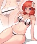  1girl ass bikini breasts cleavage closed_mouth collarbone commentary_request flower hair_flower hair_ornament highres kihou_no_gotoku_dmc large_breasts looking_at_viewer love_live! love_live!_school_idol_project multiple_views navel nishikino_maki purple_eyes red_hair short_hair sitting striped striped_bikini swimsuit thighs two-tone_bikini 