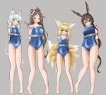  4girls absurdres ahoge amiya_(arknights) animal_ear_fluff animal_ears arknights arms_behind_back bangs bare_arms bare_legs bare_shoulders barefoot blonde_hair blue_eyes blue_hairband blue_swimsuit bound braid breasts cat_ears cat_tail commentary_request covered_navel eyebrows_visible_through_hair eyjafjalla_(arknights) fox_ears fox_tail full_body grey_background grey_eyes hair_rings hairband highres horns long_hair looking_at_viewer medium_breasts multiple_girls multiple_tails one-piece_swimsuit parted_lips rabbit_ears rosmontis_(arknights) seirein_(rikuesuto_teishichuu) sheep_ears sheep_horns silver_hair simple_background standing suzuran_(arknights) swimsuit tail tape tied_up_(nonsexual) very_long_hair yellow_eyes 