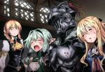  1boy 3girls =_= absurdres armor ascot black_bow black_vest blonde_hair blood blood_splatter blush bow braid closed_eyes closed_mouth elf full_armor goblin_slayer goblin_slayer! green_hair guild_girl_(goblin_slayer!) hair_bow hair_intakes helmet high_elf_archer_(goblin_slayer!) highres indoors kukie-nyan long_hair multiple_girls open_mouth parted_lips plume pointy_ears priestess_(goblin_slayer!) shirt smile sweatdrop vest white_shirt yellow_ascot yellow_eyes 
