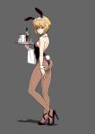  1girl alternate_costume animal_ears ass back backless_outfit bangs bare_back black_bow black_bowtie black_footwear black_leotard blonde_hair blunt_bangs bottle bow bowtie breasts closed_mouth collar contrapposto cup cutlass_(girls_und_panzer) detached_collar drinking_glass eyebrows_visible_through_hair fake_animal_ears fake_tail full_body girls_und_panzer glasses grey_background half-closed_eyes heel_up high_heels highleg highleg_leotard holding holding_tray legs leotard light_frown looking_at_viewer maid_headdress pantyhose playboy_bunny rabbit_ears rabbit_tail sabaku_chitai shadow short_hair simple_background small_breasts solo standing strapless strapless_leotard tail towel tray white_collar wrist_cuffs yellow_eyes 