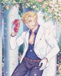  1boy absurdres alternate_costume bara box cross_scar curran_(dragalia_lost) dragalia_lost feet_out_of_frame flower_in_mouth formal gift gift_box hair_between_eyes heart-shaped_box highres long_sideburns looking_at_viewer male_focus mature_male mouth_hold pectoral_cleavage pectorals petals scar scar_on_face scar_on_forehead short_hair sideburns smile solo suit toned toned_male white_day white_suit yaosan233 