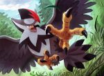  beak bird bright_pupils commentary_request day grass highres leaves_in_wind no_humans open_mouth outdoors pokemon pokemon_(creature) red_eyes solo staraptor talons tongue uninori white_pupils 