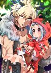 1boy 1girl :o alternate_costume animal_ear_fluff animal_ears bakugou_katsuki basket black_nails blonde_hair boku_no_hero_academia boots bright_pupils candy cape carrying carrying_person child choker cloak eri_(boku_no_hero_academia) fingernails food fur_cape highres holding holding_basket hood hooded_cloak horns knee_boots kneehighs long_fingernails long_hair long_sleeves muscular muscular_male parted_lips puffy_long_sleeves puffy_sleeves red_eyes ribbon shinonome_mozuku short_hair silver_hair single_horn spiked_hair white_pupils wolf_boy wolf_ears 