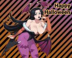  1girl animal_print bare_shoulders bat_print bat_wings black_hair black_leotard black_lips breasts bridal_gauntlets cleavage commentary con-quest! cosplay cowboy_shot cuddle_pit english_commentary finger_to_mouth green_eyes halloween happy_halloween head_wings highres large_breasts leaning_forward leotard long_hair looking_at_viewer low_wings mole mole_under_eye morrigan_aensland morrigan_aensland_(cosplay) pantyhose purple_legwear solo striped striped_background undersized_breast_cup vampire_(game) vanilla_(con-quest!) wings 