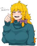  1girl bad_id bad_link bad_twitter_id bags_under_eyes bangs blonde_hair blue_sweater bow braid breasts closed_eyes commentary_request cookie_(touhou) eyebrows_visible_through_hair hair_bow highres kirisame_marisa large_breasts long_hair long_sleeves mars_(cookie) ohasi open_mouth purple_bow side_braid simple_background single_braid smile solo sweater touhou translation_request upper_body white_background 