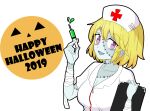  1girl absurdres bandages blonde_hair breasts cleavage collarbone eyebrows_visible_through_hair halloween halloween_costume highres labcoat looking_at_viewer maribel_hearn nurse open_mouth purple_eyes simple_background syringe toroke_mochi touhou upper_body white_background zombie 