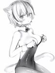  1girl adjusting_clothes adjusting_leotard animal_ears bare_shoulders bow bowtie breasts cat_ears cleavage covered_navel detached_collar from_side greyscale highres kittysuit large_breasts leotard looking_at_viewer looking_to_the_side monochrome multicolored_hair nanashi_(nlo) pantyhose short_hair simple_background sitting solo streaked_hair tail tsumugine_rei undersized_breast_cup undersized_clothes white_background wing_collar wrist_cuffs zero_project 