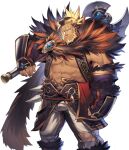  1boy abs another_eidos-r axe bara bare_shoulders beard blonde_hair boots bulge dark-skinned_male dark_skin facial_hair fai_(fai-storage) feather_trim feet_out_of_frame fur_(clothing) grin holding holding_axe knee_boots large_pectorals looking_at_viewer male_focus mature_male muscular muscular_male navel official_art over_shoulder pants pectoral_cleavage pectorals ragnar_(another_eidos) scar_on_stomach short_hair sidepec smile smirk solo stomach tied_hair torn_clothes torn_pants transparent_background vambraces weapon weapon_over_shoulder white_pants 