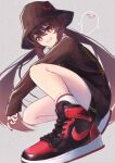  1girl absurdres black_headwear black_shorts brown_hair casual fashion genshin_impact ghost gwxx3435 high_tops highres hu_tao_(genshin_impact) jewelry long_sleeves looking_at_viewer nail_polish nike red_eyes ring shoes shorts smile sneakers socks solo thighs twintails 