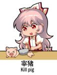  &gt;_&lt; 1girl :d bangs bisected bow chibi chinese_text collared_shirt cutting death english_commentary english_text engrish_commentary eyebrows_visible_through_hair facing_viewer fujiwara_no_mokou hair_between_eyes hair_bow holding holding_knife jokanhiyou kitchen_knife knife long_hair looking_at_another no_nose open_mouth outline pants pig pink_hair puffy_short_sleeves puffy_sleeves red_eyes red_pants severed_torso shirt short_sleeves simple_background smile solo suspenders touhou translation_request white_background white_bow white_shirt 