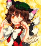  1girl ;d animal_ear_fluff animal_ears bow bowtie brown_eyes brown_hair cat_ears cat_tail chen claw_pose dress earrings eyebrows_visible_through_hair fang fingernails green_headwear hair_between_eyes hat jewelry long_sleeves looking_at_viewer mob_cap multiple_tails one_eye_closed open_mouth paw_pose qqqrinkappp red_dress shadow sharp_fingernails shikishi shirt short_hair signature single_earring smile solo tail tongue touhou traditional_media two_tails upper_body white_bow white_bowtie white_shirt yellow_background 