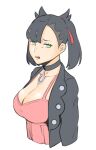  1girl black_choker black_hair black_jacket breasts choker cleavage disgust dress dyun green_eyes hair_horns highres jacket large_breasts looking_at_viewer marnie_(pokemon) medium_hair open_clothes open_jacket parted_lips pink_dress pokemon pokemon_(game) pokemon_swsh simple_background solo twintails upper_body white_background 