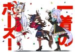  3girls ^_^ animal_ears bangs black_coat blue_flower blue_headwear blush boots bow bowtie brown_hair closed_eyes coat cross-laced_footwear dagger dress ear_bow eyebrows_visible_through_hair flower frilled_coat frilled_sleeves frills gloves gold_ship_(umamusume) gold_trim green_bow green_bowtie hachiman_(douno) hair_over_one_eye hat hat_flower headgear high_heel_boots high_heels highres horse_ears horse_girl horse_pose horse_tail knee_boots knife lace-trimmed_dress lace-trimmed_legwear lace-up_boots lace_trim long_hair mejiro_mcqueen_(umamusume) multiple_girls off-shoulder_dress off_shoulder pantyhose pillbox_hat red_bow red_bowtie rice_shower_(umamusume) sheath sheathed silver_hair simple_background swept_bangs tail thighhighs tilted_headwear umamusume weapon white_background white_footwear white_gloves white_legwear 
