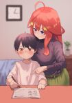  1boy 1girl age_difference ahoge amog bed black_sweater blue_eyes breasts child desk go-toubun_no_hanayome hair_between_eyes hair_ornament large_breasts long_hair nakano_itsuki notebook plant pointing red_hair star_(symbol) star_hair_ornament sweater uesugi_fuutarou younger 