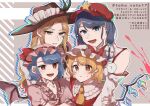  4girls ? ascot bangs bat_wings blonde_hair blue_eyes blue_hair bow brown_headwear brown_vest cabbie_hat crystal dress eyebrows_visible_through_hair fang flandre_scarlet flat_cap frilled_hat frilled_shirt frilled_shirt_collar frilled_sleeves frills happy hat hat_feather hat_ribbon highres jacket_girl_(dipp) japanese_clothes label_girl_(dipp) laspberry. long_hair long_sleeves medium_hair miko mob_cap multiple_girls open_mouth parted_bangs pink_dress puffy_short_sleeves puffy_sleeves purple_hair red_bow red_eyes red_headwear red_nails red_neckwear red_ribbon red_vest remilia_scarlet ribbon shirt short_hair short_sleeves siblings sisters star_(symbol) touhou very_long_hair vest white_shirt white_vest wings wrist_cuffs yellow_ascot 
