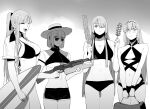  4girls :d ak-12_(girls&#039;_frontline) ak-15_(girls&#039;_frontline) ak-47 an-94_(girls&#039;_frontline) assault_rifle bag bare_shoulders bikini blush braid breasts cleavage closed_mouth commentary_request cropped_shirt crown_braid dolphin_shorts food french_braid girls&#039;_frontline greyscale grin gun hair_over_one_eye hat holding holding_bag holding_food holding_surfboard holding_water_gun huqu jewelry jitome kalashnikov_rifle korean_commentary large_breasts long_hair looking_at_viewer monochrome multiple_girls navel one-piece_swimsuit one_eye_covered ponytail rifle ring rpk-16_(girls&#039;_frontline) semi-rimless_eyewear short_sleeves shorts small_breasts smile straw_hat sunglasses surfboard swimsuit toned under-rim_eyewear very_long_hair water_gun weapon wide-eyed 