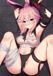  1girl :o absurdres animal_ear_fluff animal_ears anus armpits arms_up bangs blue_eyes blush bound bound_wrists breasts brick_wall cleavage collarbone feet_out_of_frame floor fox_ears hair_between_eyes hair_ornament highres honkai_(series) honkai_impact_3rd looking_at_viewer nipples nose_blush parted_lips partially_visible_vulva pink_hair qunqing sarashi solo spread_legs torn_clothes yae_sakura 