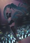  1girl absurdres aqua_eyes aqua_hair bangs bare_shoulders black_legwear black_skirt blurry blurry_background collared_shirt commentary crowd dark_background detached_sleeves eyebrows_visible_through_hair full_body hair_between_eyes hair_ornament hatsune_miku headphones highres light_blush long_hair looking_at_viewer looking_back microphone open_mouth shan_(ti0n) shirt skindentation skirt smile solo_focus standing standing_on_one_leg star_trail thighhighs twintails vocaloid 