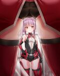  1girl :&lt; alice_gear_aegis armor ass ass_visible_through_thighs bangs bare_shoulders black_gloves black_leotard blunt_bangs breasts close-up closed_mouth commentary_request covered_navel doyouwantto elbow_gloves eyebrows_visible_through_hair gloves ichijou_ayaka leotard long_hair looking_at_viewer multiple_views purple_eyes purple_hair red_legwear shiny shiny_hair shiny_skin sidelocks signature skindentation small_breasts standing thighhighs turtleneck twintails v-shaped_eyebrows x-ray 