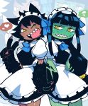  2girls :d absurdres alternate_costume animal_ears animal_hands apron black_hair blue_bow blue_bowtie blue_hair blush bow bowtie clenched_teeth colored_skin embarrassed enmaided full-face_blush green_skin grin hand_up heart highres holding_hands interlocked_fingers jaggy_line long_hair looking_at_viewer maid maid_headdress monster_girl multiple_girls neneko_(rariatto) one_eye_closed original puffy_short_sleeves puffy_sleeves rariatto_(ganguri) ringed_eyes rudy_(rariatto) sharp_teeth short_sleeves smile spoken_heart standing teeth upper_teeth v waist_apron white_apron wolf_ears yellow_eyes zoom_layer 