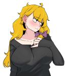 1girl ahoge alternate_costume bad_id bad_link bad_twitter_id bags_under_eyes bangs black_shirt blonde_hair blush bow braid breasts closed_mouth commentary_request cookie_(touhou) covered_nipples ear_piercing embarrassed eyebrows_visible_through_hair hair_bow highres kirisame_marisa large_breasts long_hair looking_to_the_side mars_(cookie) ohasi piercing purple_bow shirt side_braid simple_background single_braid sleeves_past_wrists solo t-shirt touhou upper_body white_background 