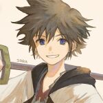 1boy bangs black_hair blue_eyes character_name eyebrows_visible_through_hair fujie-yz grin hair_between_eyes highres holding holding_weapon jacket keyblade kingdom_hearts male_focus over_shoulder portrait simple_background smile solo sora_(kingdom_hearts) spiked_hair weapon weapon_over_shoulder yellow_background 