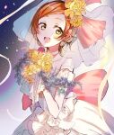  1girl blush bouquet choker commentary_request dress earrings flower hair_flower hair_ornament highres holding holding_bouquet hoshizora_rin jewelry looking_at_viewer love_live! love_live!_school_idol_project love_wing_bell naarann open_mouth orange_eyes short_hair smile solo teeth upper_teeth veil white_choker white_dress yellow_eyes 