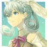  1girl bangs blue_eyes blue_hair braid closed_mouth crown_braid eyebrows_visible_through_hair french_braid fujie-yz hair_between_eyes hair_rings head_wings highres melia_antiqua neck_ribbon pink_neckwear portrait ribbon simple_background solo white_wings wings xenoblade_chronicles xenoblade_chronicles_(series) 