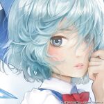  1girl blue_bow blue_eyes blue_hair bow cirno close-up collared_shirt face hair_bow hair_over_one_eye hand_on_own_cheek hand_on_own_face ice ice_wings lips looking_at_viewer matsuda_(matsukichi) messy_hair parted_lips red_neckwear shiny shiny_hair shirt solo touhou white_shirt wings 