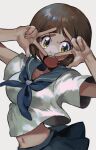  1girl blue_neckerchief blue_sailor_collar blue_skirt brown_eyes brown_hair commentary_request double_w grey_background hands_up kill_la_kill looking_at_viewer mankanshoku_mako midriff neckerchief open_mouth partial_commentary pleated_skirt sailor_collar school_uniform serafuku shirt short_hair short_sleeves simple_background skirt solo teeth teigaso1 upper_body upper_teeth v_over_eye w white_shirt 