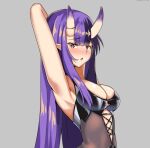  1girl arm_up armpits bangs bare_shoulders breasts captain_hannah cleavage commentary english_commentary eyebrows_visible_through_hair heart heart-shaped_pupils horn_ornament horn_ring horns indie_virtual_youtuber large_breasts long_hair looking_at_viewer multicolored_hair oni_horns open_mouth pointy_ears purple_hair red_eyes second-party_source sidelocks solo swimsuit symbol-shaped_pupils twomoon virtual_youtuber 