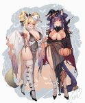  2girls animal_ears ass bandages blonde_hair breasts cat_ears cat_girl cat_tail cleavage double_bun dress elbow_gloves gloves halloween halloween_costume happy high_heels highres large_breasts looking_at_viewer multiple_girls obiwan open_mouth original plump purple_hair red_eyes revealing_clothes smile standing tail thick_thighs thighhighs thighs weisuoxin white_legwear 