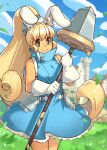  1girl animal_ears armor blonde_hair blue_dress brown_eyes closed_mouth commentary cowboy_shot day dress english_commentary faulds gloves high_ponytail holding holding_polearm holding_weapon long_hair looking_at_viewer original outdoors polearm ponytail rabbit_ears sleeveless sleeveless_dress smile solo spear standing very_long_hair vins-mousseux weapon white_gloves 