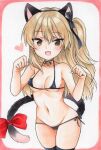  1girl airi_(akamichiaika) animal_ears bell bikini black_legwear blonde_hair blush border breasts brown_eyes cameltoe cat_ears cat_tail collar collarbone covered_nipples eyebrows_visible_through_hair fake_animal_ears fake_tail girls_und_panzer heart highres long_hair looking_at_viewer micro_bikini navel neck_bell open_mouth paw_pose pink_border shimada_arisu shiny shiny_hair side-tie_bikini simple_background small_breasts smile solo standing swimsuit tail thighhighs white_background 