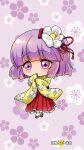  1girl chibi eyebrows_visible_through_hair floral_print flower frilled_skirt frills green_kimono hair_flower hair_ornament hieda_no_akyuu highres japanese_clothes kimono long_skirt purple_eyes purple_hair red_skirt sandals shachikuneko000 short_hair skirt touhou white_legwear wide_sleeves 