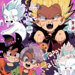  2boys black_hair blonde_hair blue_eyes child clenched_teeth commentary dated dougi dragon_ball dragon_ball_super dragon_ball_z english_commentary english_text eyebrows_visible_through_hair fangs ghost gotenks halloween happy_halloween highres jack-o&#039;-lantern looking_at_viewer male_focus multiple_boys open_mouth red_eyes scared shi_be_no son_goten spiked_hair super_saiyan super_saiyan_1 sweat teeth tongue tongue_out trick_or_treat trunks_(dragon_ball) vampire white_hair wide-eyed 