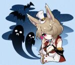  1girl alternate_costume althemia bat breasts brown_hair closed_mouth dragalia_lost ghost hair_over_one_eye halloween_costume medium_breasts medium_hair night night_sky official_alternate_costume purple_eyes sky upper_body yamaharu_(mitarasi0013) 