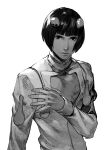  1boy bob_cut bruno_buccellati cleavage_cutout closed_mouth clothing_cutout greyscale hair_ornament hand_up highres jacket jojo_no_kimyou_na_bouken kotatsu_(g-rough) long_sleeves looking_at_viewer male_focus monochrome short_hair simple_background solo upper_body vento_aureo white_background 