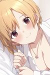  1girl aiba_yumi bed_sheet blonde_hair blush breasts cleavage collarbone eyebrows_visible_through_hair hickey highres hiraga_matsuri idolmaster idolmaster_cinderella_girls jewelry looking_at_viewer lying medium_breasts naked_shirt necklace on_side shirt short_hair simple_background smile solo upper_body 