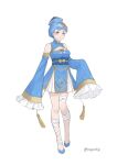  1girl alternate_costume bare_shoulders blue_dress blue_footwear blue_hair blush chinese_clothes commentary dress english_commentary fire_emblem fire_emblem:_three_houses gold_trim grey_eyes halloween halloween_costume hat highres jiangshi_costume long_sleeves marianne_von_edmund moja_(moquackja) ofuda qing_guanmao skirt sleeves_past_wrists solo twitter_username white_background 