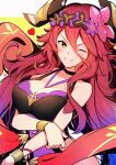  1girl breasts closed_mouth dragalia_lost flower hair_flower hair_ornament highres large_breasts long_hair looking_at_viewer mym_(dragalia_lost) nakabayashi_zun official_alternate_costume one_eye_closed red_hair smile swimsuit upper_body 