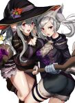  2girls alternate_costume ass breasts broom broom_riding cleavage corrin_(fire_emblem) corrin_(fire_emblem)_(female) fire_emblem fire_emblem_awakening fire_emblem_fates fire_emblem_heroes gloves grey_hair grima_(fire_emblem) halloween halloween_costume hat highres ippers large_breasts long_hair looking_at_viewer medium_breasts medium_hair multiple_girls official_alternate_costume open_mouth red_eyes robin_(fire_emblem) robin_(fire_emblem)_(female) shorts smile twintails white_background witch witch_hat wolf_girl 