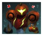  1girl arm_cannon armor e.m.m.i._(metroid) glowing halloween helmet looking_at_viewer metroid metroid_dread night power_armor power_suit pumpkin samus_aran science_fiction simple_background solo thumbs_up upper_body wakaba_(wata_ridley) weapon 
