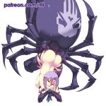  1girl arachne arthropod_girl ass breasts carapace completely_nude extra_eyes extra_legs large_breasts monster_girl monster_musume_no_iru_nichijou nude rachnera_arachnera red_eyes rtil short_hair simple_background smile solo spider_girl taur upside-down web_address white_background 