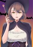  1girl :d alternate_costume arm_behind_back azur_lane baltimore_(azur_lane) bangs bat black_cape black_headwear braid breasts brown_hair cape cleavage commentary_request corset eyebrows_behind_hair french_braid gradient gradient_background hair_between_eyes halloween halloween_costume hand_up hat highres holding holding_wand juuichiban large_breasts looking_at_viewer open_mouth orange_background purple_background short_hair sidelocks smile solo standing upper_body wand witch witch_hat yellow_eyes 
