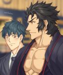  2boys absurdres bangs black_kimono blush breast_envy fate/grand_order fate_(series) formal from_side highres hijikata_toshizou_(fate) japanese_clothes kimono looking_at_another male_focus mature_male meme multiple_boys muscle_envy muscular muscular_male open_clothes open_kimono pectoral_cleavage pectoral_envy_(meme) pectoral_focus pectorals saitou_hajime_(fate) short_hair upper_body yaoi yaosan233 